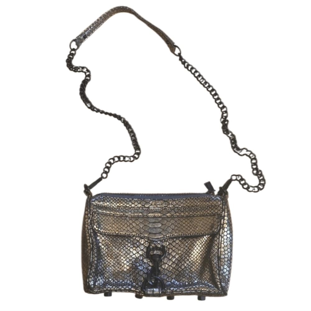 Leather Metallic Snake Print embossed Chain Crossbody Bag